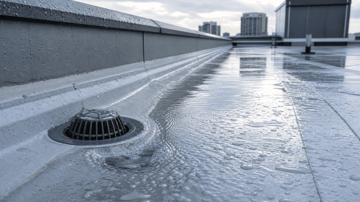 Water draining from a protected commercial roof deck after rain