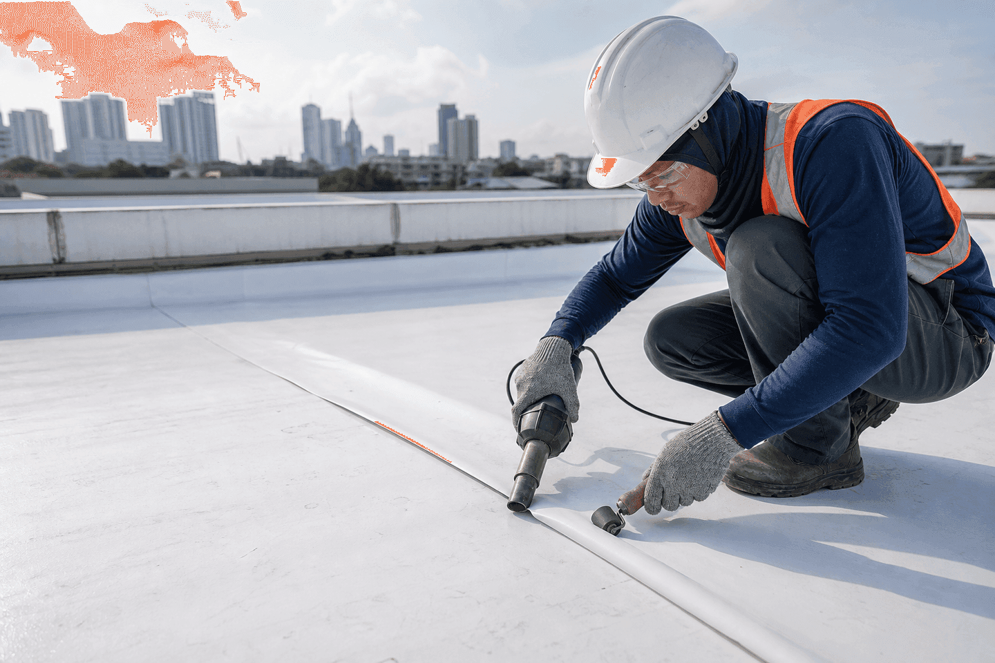 Technician heat-welding a TPO membrane seam on a roof deck