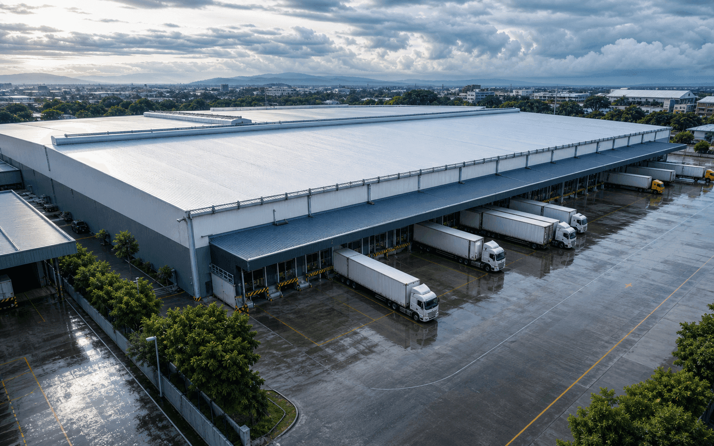 Industrial warehouse complex with a protected roof after rainfall