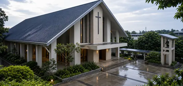 Church building with rain-cleared protected roof