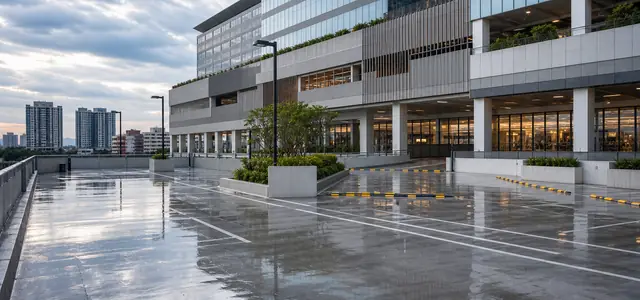 Commercial podium parking deck after rain