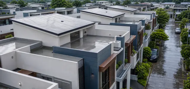 Townhouse roof decks after rainfall