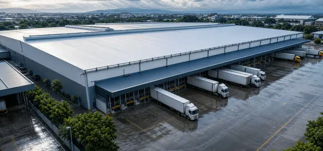 Warehouse complex with protected wide-span roof after rain