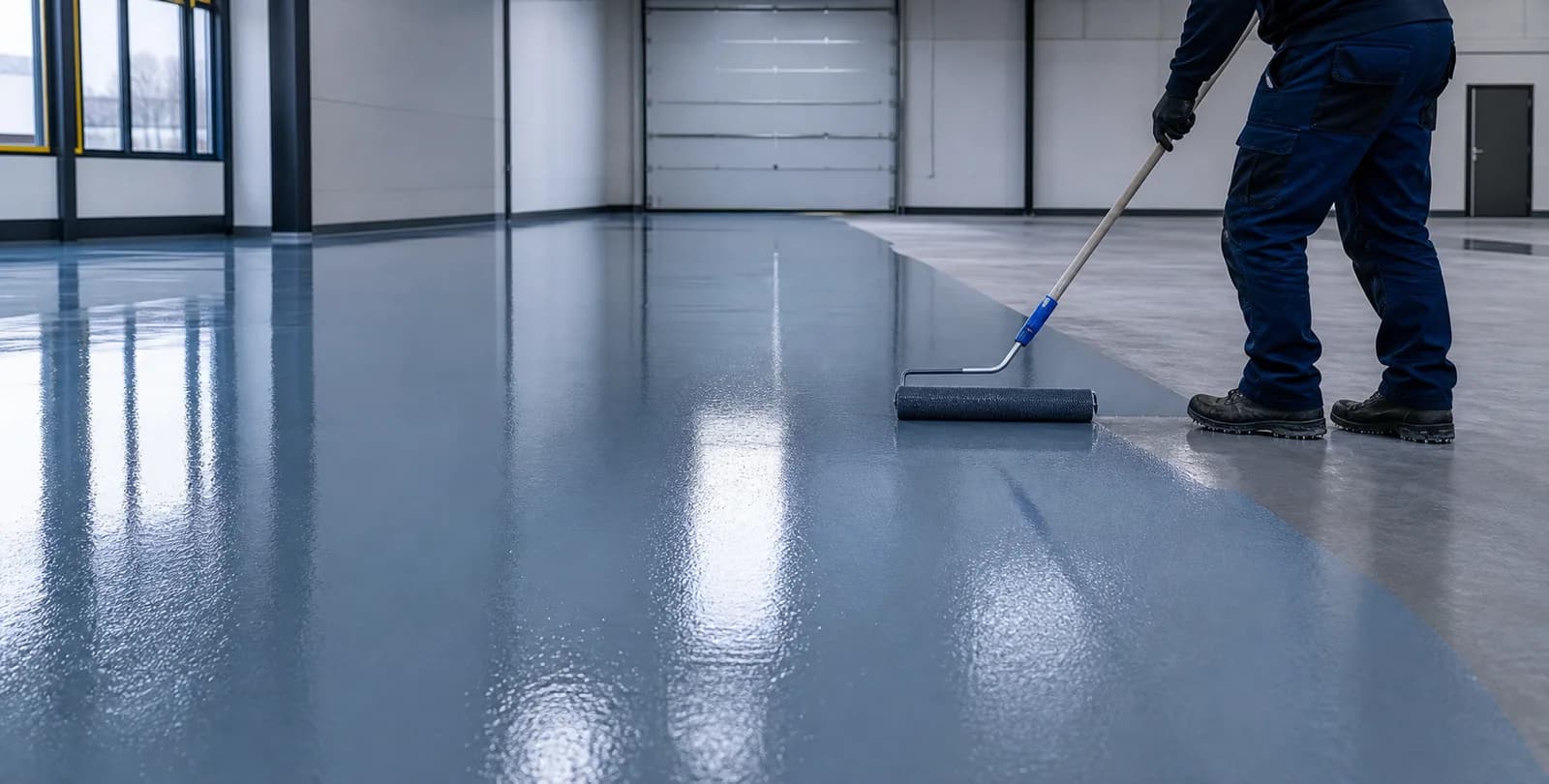 Professional floor coating application on a clean industrial floor